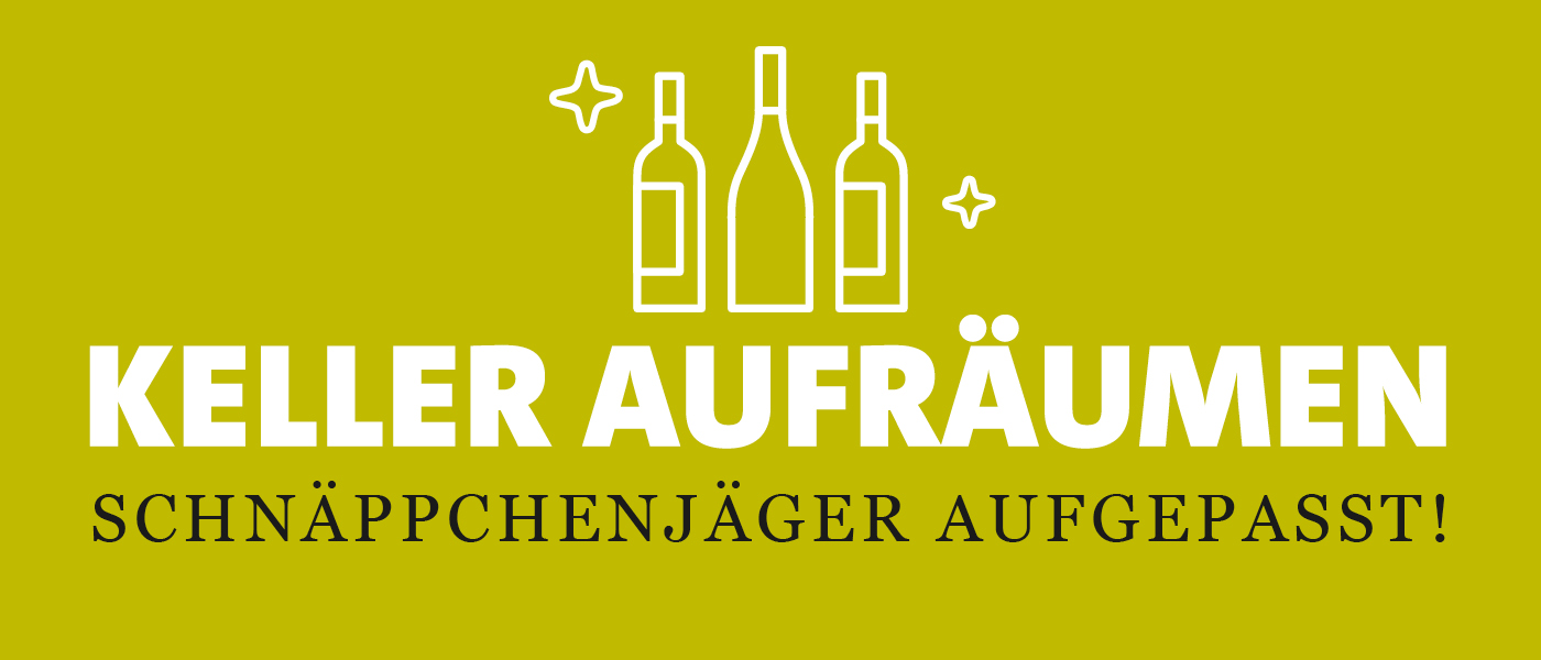 Grüner Banner mit der Aufschrift „Weinkeller Aufräumen“ und „Besondere Weine zu günstigen Preisen“ dazu Icons von unterschiedlichen Weinfalschen