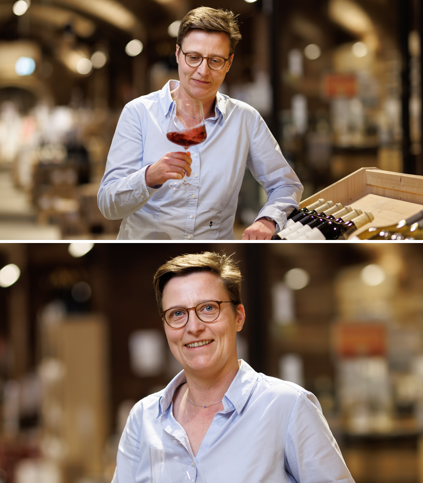 Noreen Rudolph in Kölner Weinkeller mit Weinglas im der Hand