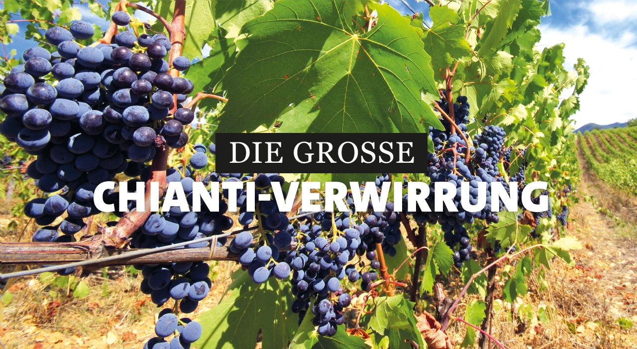 Die grosse Chianti Verwirrung Ein Bild mit roten Trauben, die noch am Stamm hängen, darüber steht die Schrift: die große Chianti Verwirrung