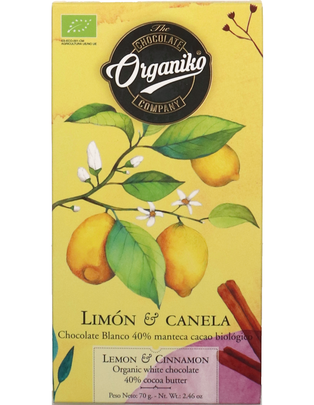 Weiße Schokolade mit Zitrone und Zimt
Limón & Canela, 40% Kakaobutter